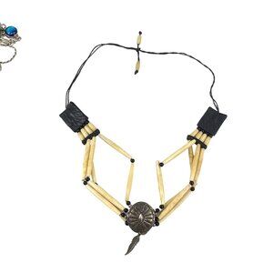 Vintage Native American Bone & Metal Beaded Necklace With Metal Feather